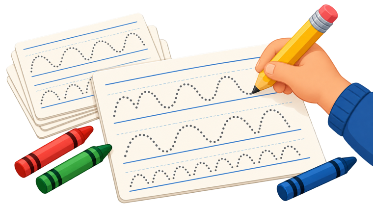 A child tracing dotted lines on handwriting paper with a pencil